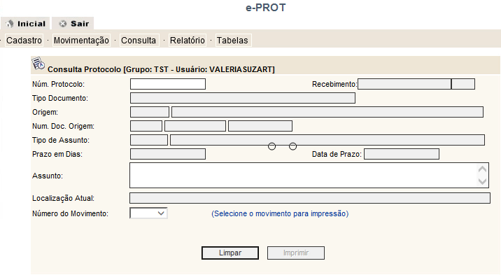 O sistema abrirá a tela de consulta de processos. Preencha o campo Núm. Protocolo e pressione ENTER.