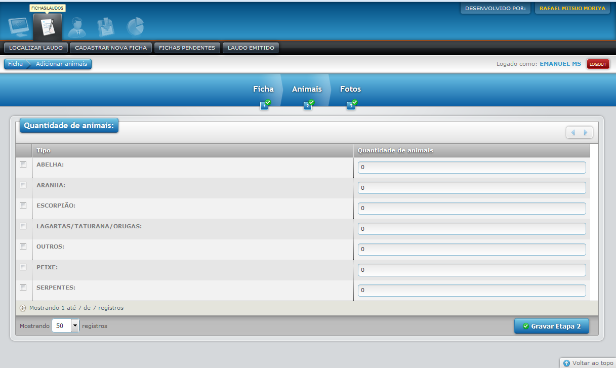 Animais coletados. Após a inclusão dos dados, concluir clicando em Gravar Etapa 2.