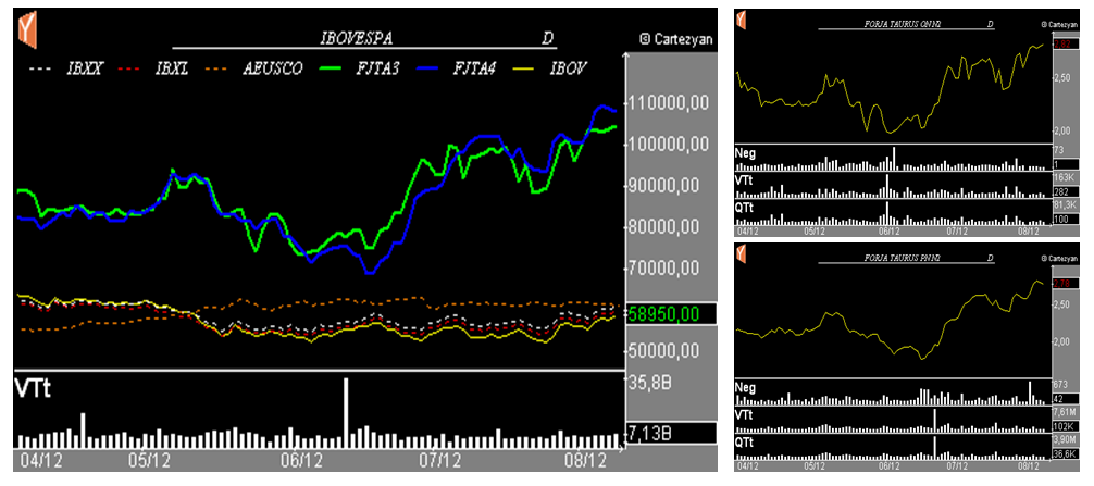 informações sobre as ações na BM&FBovespa, mostra claramente o positivo aumento na liquidez e a valorização das ações da Taurus ao longo de 2012 e quando comparado ao mês de julho de 2011, data da