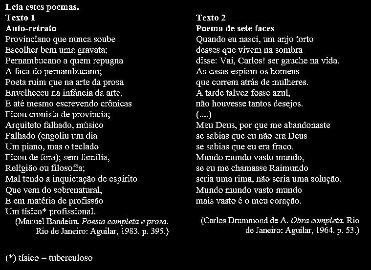 3 TEXTOS PARA QUESTÕES 6 e 7 QUESTÃO 6 - Esses poemas têm em comum o fato de: a) Descreverem aspectos físicos dos próprios autores. b) Refletirem um sentimento pessimista. c) Terem a doença como tema.