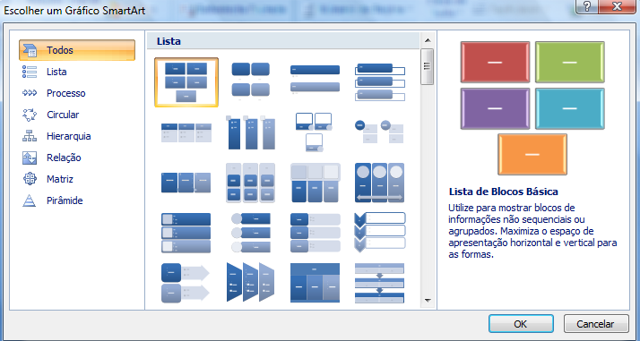 Pode escolher o gráfico SmartArt consoante o tema que pretende: Lista, Hierarquia e Matriz
