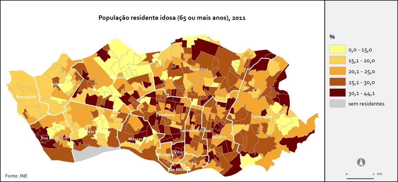 As áreas mais envelhecidas da cidade, onde a proporção de idosos ultrapassa ¼ da população residente, distribuem-se por toda a cidade, ocupando cerca de 44% do território concelhio, embora se denote