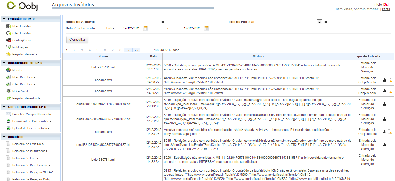 Gerenciamento Interface web para gerenciamento das Informações Arquivos