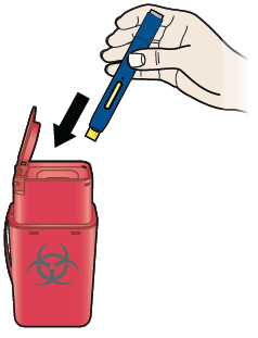 A Etapa 4: Conclua Descarte a caneta utilizada e a tampa laranja da agulha. Descarte a caneta utilizada e a tampa laranja em um recipiente para descarte de objetos cortantes.