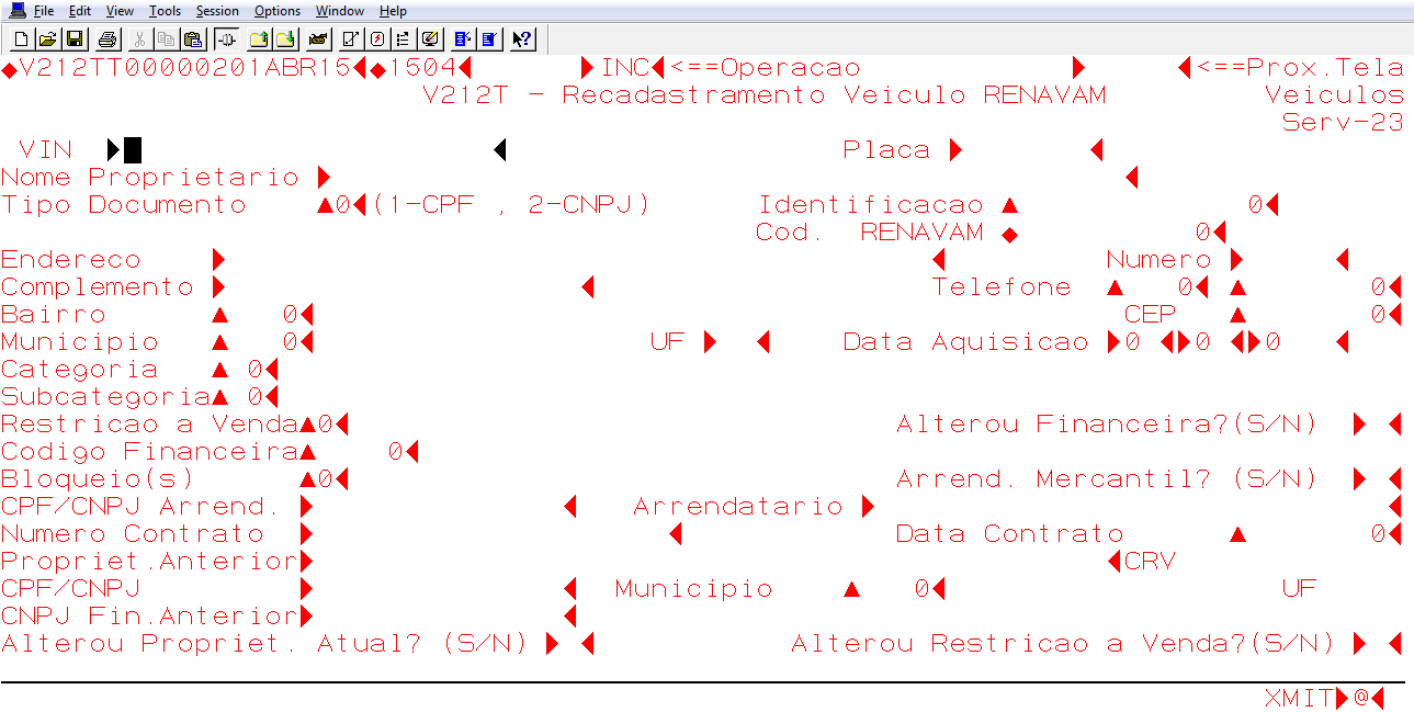 2.13. RECADASTRAMENTO DE VEÍCULO NÃO RENAVAM (DUAS LETRAS) 25 Figura 13: Tela V212T - Recadastramento Veículo RENAVAM Finalidade Cadastrar os dados do veículo no sistema no RENAVAM.