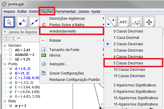 No campo Editar, digite = após o comando LateX e, na aba Objetos, selecione AGdivGE. Depois, clique na tecla (OK) e o texto irá aparecer na Janela de Visualização!