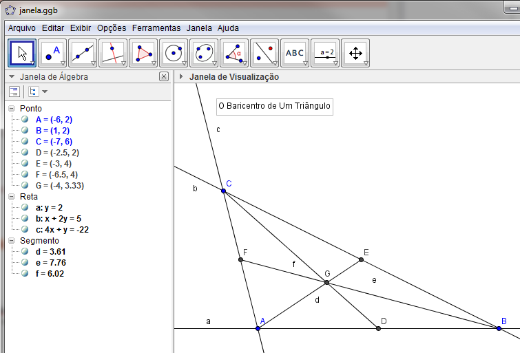 ATIVIDADE 08 Nesta atividade veremos como incluir textos em uma construção do GeoGebra. Textos são úteis para títulos, comentários e mesmo para exibir vaalores numéricos! Vamos usar o arquivo janela.