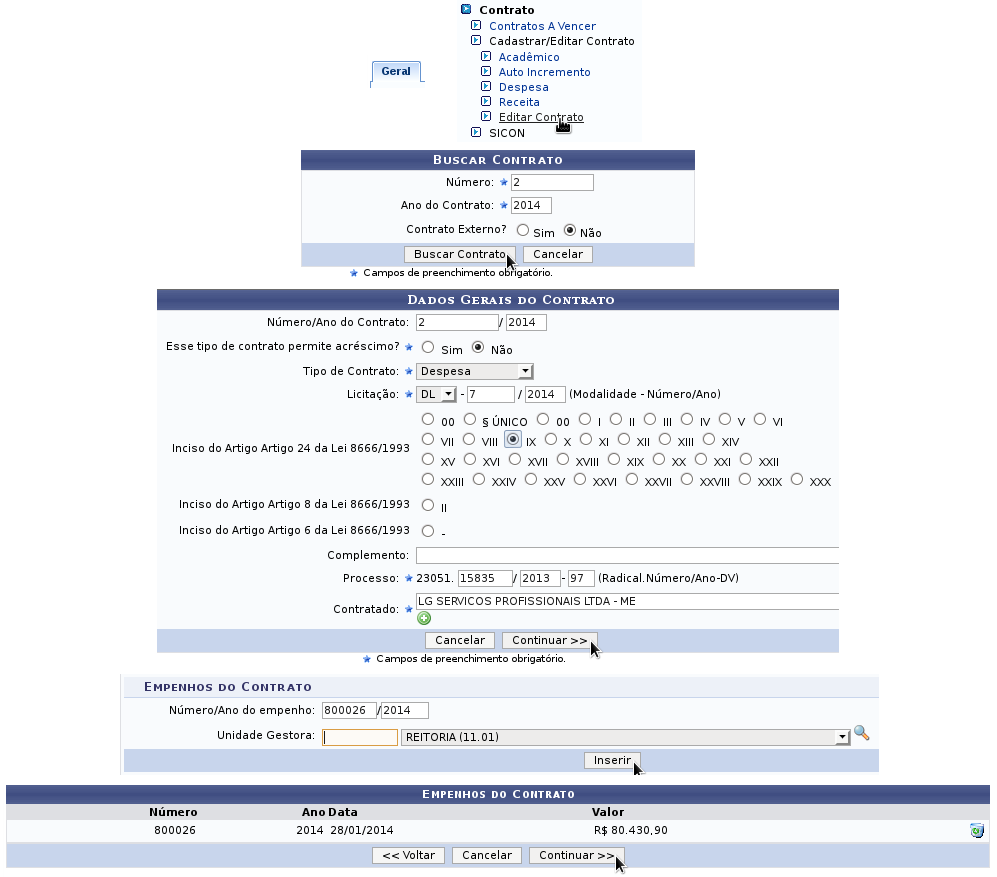 Na tela seguinte, revise os dados vindos do SICON; Informe: o Sub-tipo do contrato, se o mesmo precisa de atesto, se permite acréscimo, etc; Informe os dados do representante do Contratado; Clique em