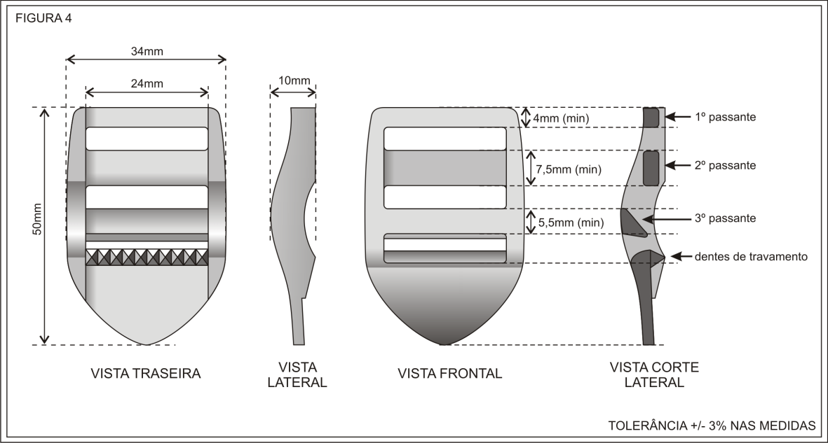 1.10. O Regulador possui dentes de travamento e é injetado em nylon 6.6 conferindo alta resistência e deve ter formato conforme desenho técnico a seguir. 1.11.