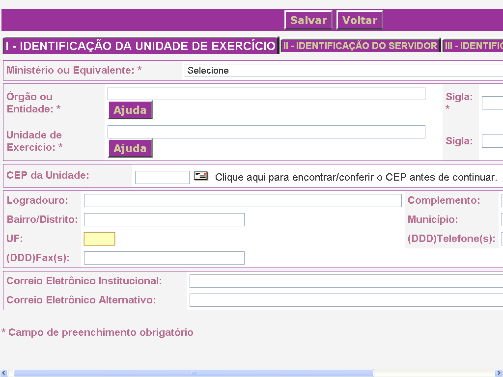 4 CEP da Unidade: O CEP Código de Endereçamento Postal deve ser registrado clicando-se no ícone em forma de envelope ao lado do campo.