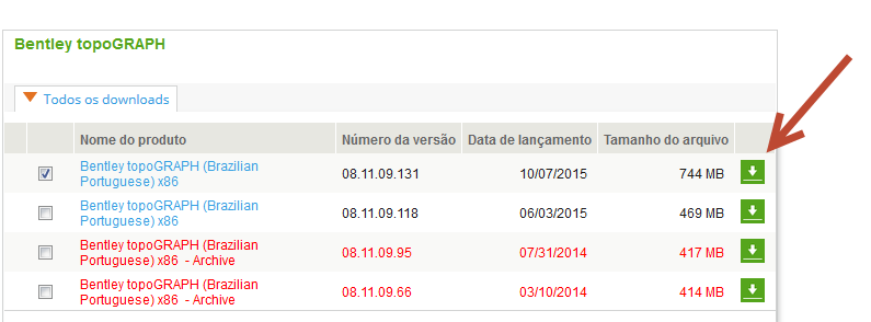 B. Localize e marque o checkbox em frente a versão que deseja efetuar o download(selecione a versão de data mais recente).