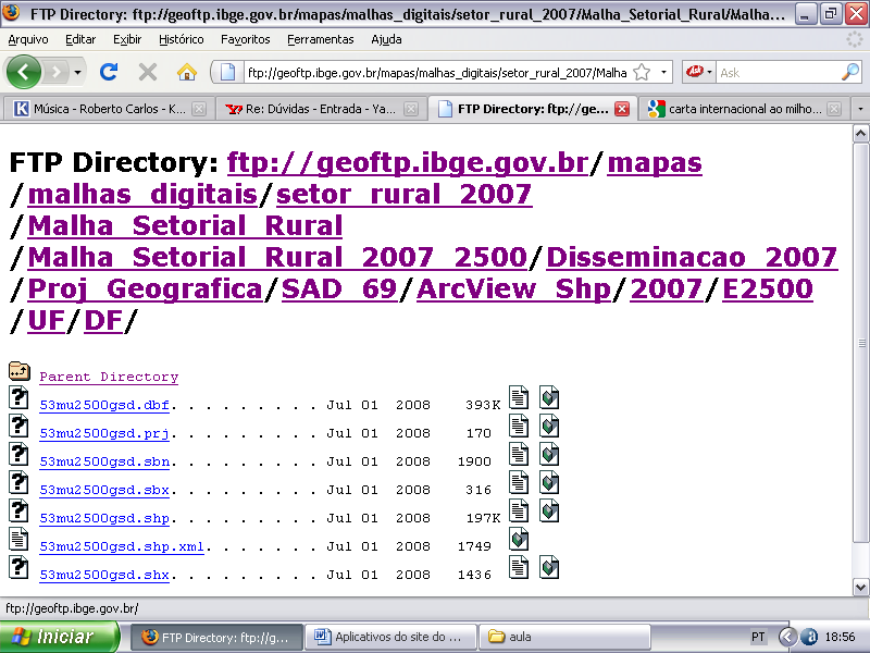 1.4.4.4 Setor Rural 2000 Este é só escala nacional, ou seja, do Brasil, e com relação ao censo de 2000, para todos os setores rurais, de forma mais genérica. 1.4.4.5 Setor rural 2007 Este diretório contém malhas digitais dos setores censitários de todo o país.