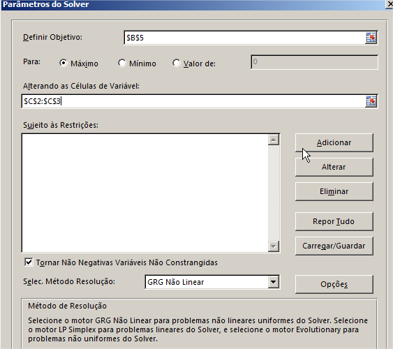 USANDO O SOLVER Clique em