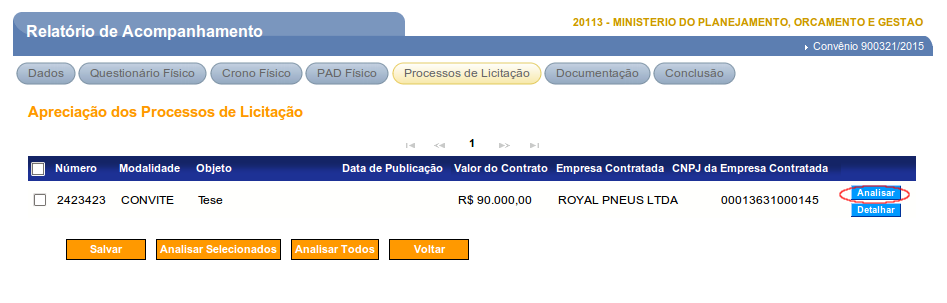 Após registrar a análise dos itens da aba PAD Físico do Relatório, o usuário poderá salvar as inclusões, clicando em Salvar, continuando o Relatório na situação Em Elaboração ou, passar para o