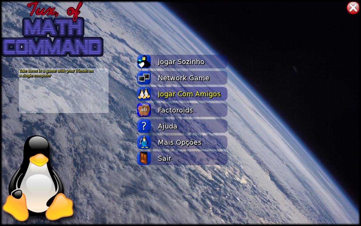 Comandos e Funcionamento do Jogo Tela Inicial Imagem 01: interface inicial do TuxMath Fonte: próprio software Na tela inicial, o jogo exibe sete opções ao usuário.