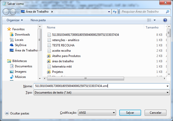 Download XML Assim que você selecionar a opção (arquivo/ salvar como), será apresentada a tela abaixo Nela você deve salvar o arquivo como.
