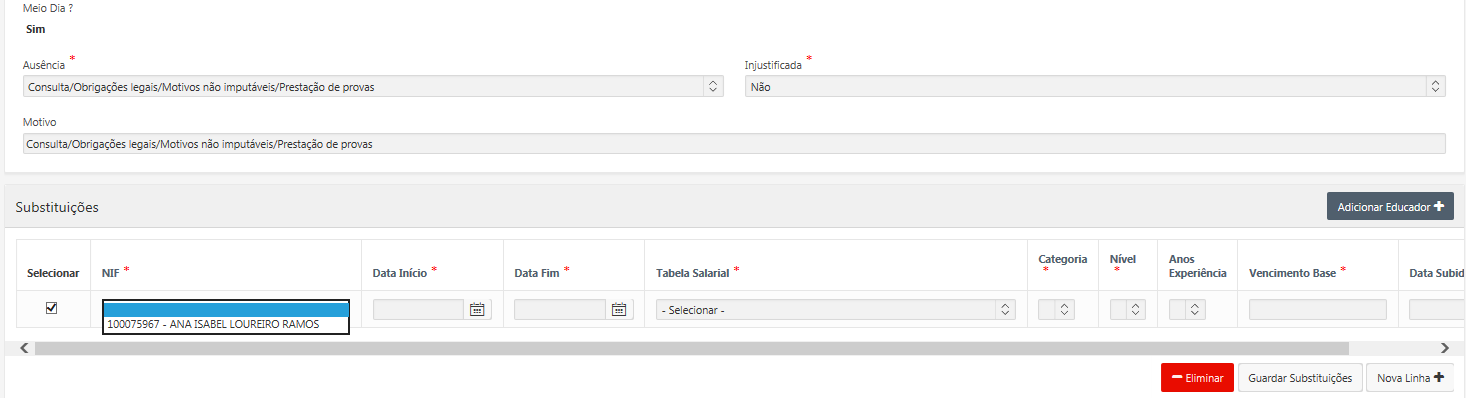 Se a ausência tiver substituição, existem dois cenários: Se o educador de substituição já existir na plataforma do ano letivo anterior, insira uma, coloque uma plica no selecione e escolha o educador