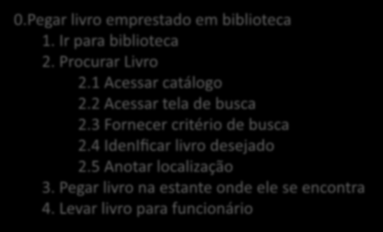 HTA Notação textual 0.Pegar livro emprestado em biblioteca 1. Ir para biblioteca 2. Procurar Livro 2.1 Acessar catálogo 2.2 Acessar tela de busca 2.