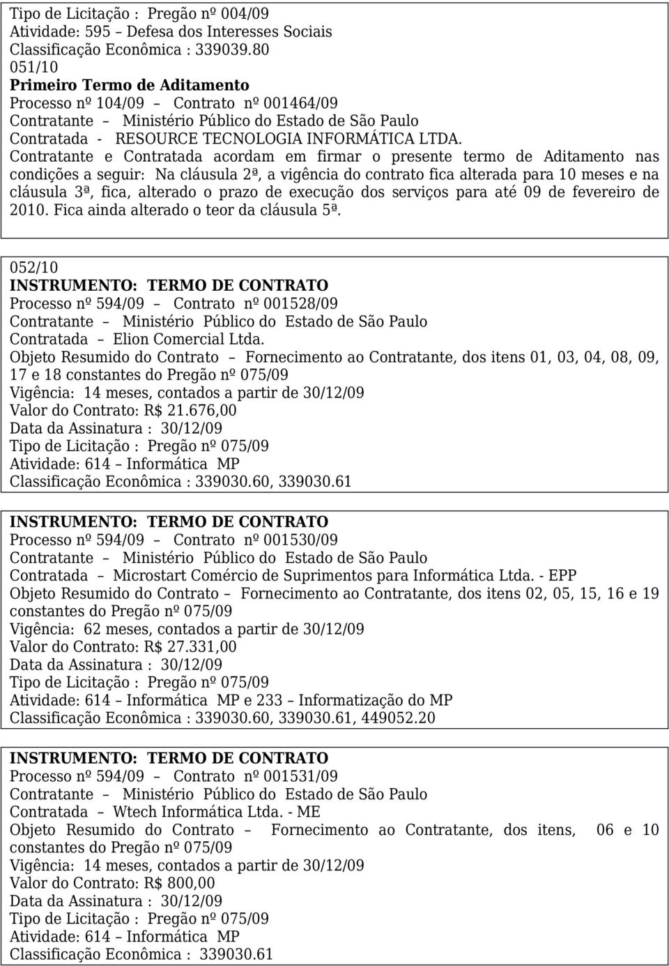 Fica ainda alterado o teor da cláusula 5ª. 052/10 Processo nº 594/09 Contrato nº 001528/09 Contratada Elion Comercial Ltda.