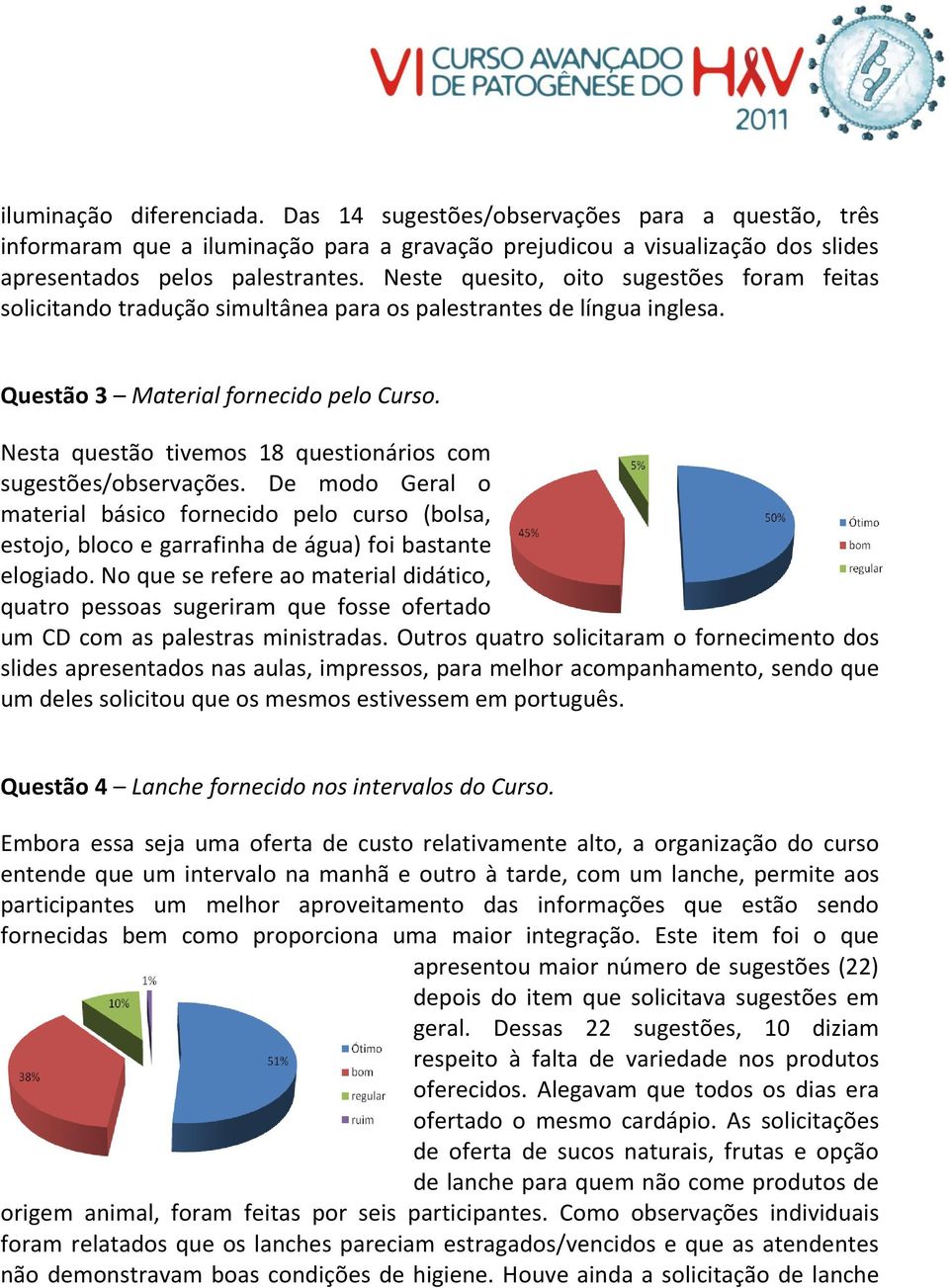 Nesta questão tivemos 18 questionários com sugestões/observações. De modo Geral o material básico fornecido pelo curso (bolsa, estojo, bloco e garrafinha de água) foi bastante elogiado.