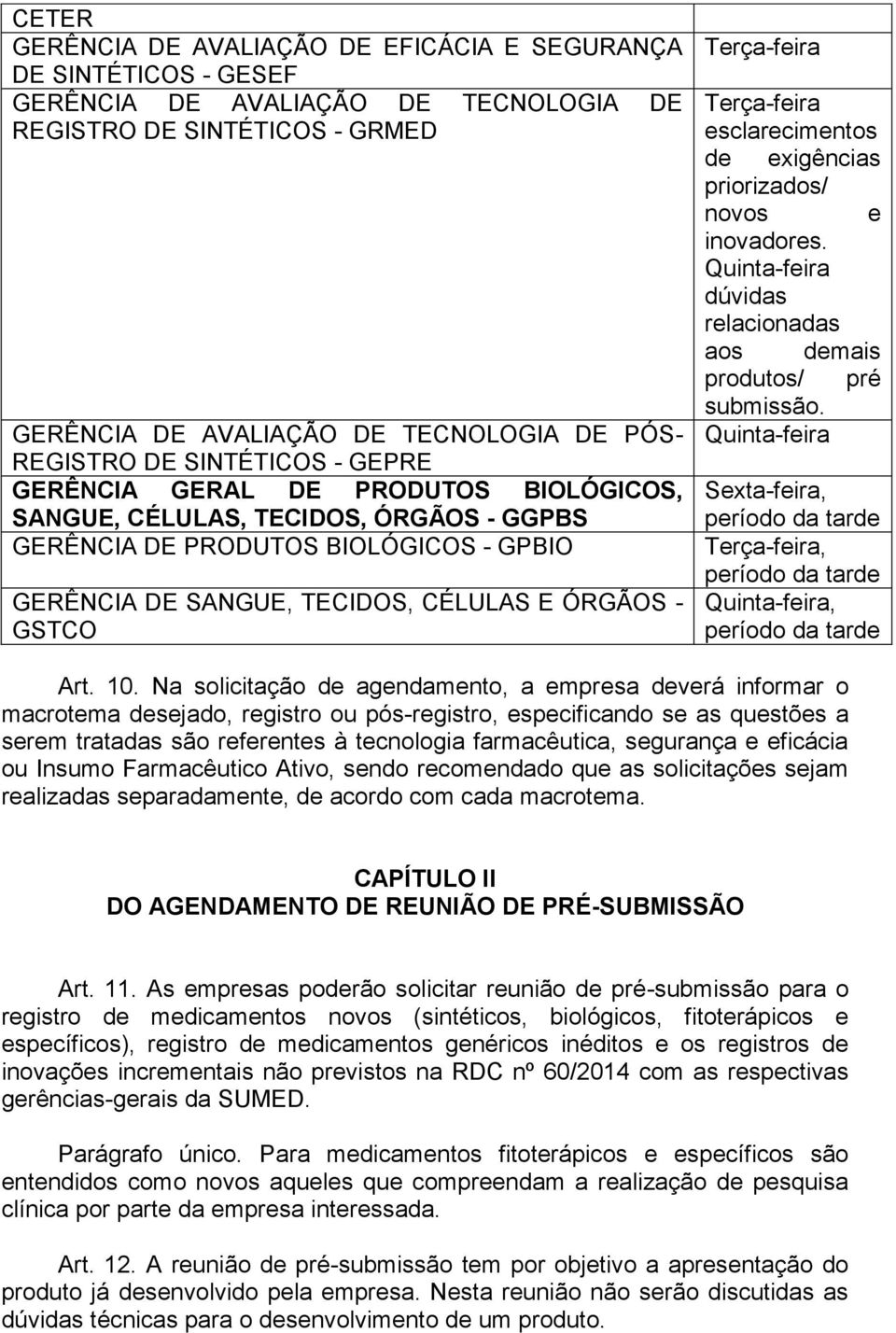 esclarecimentos de exigências priorizados/ novos e inovadores. dúvidas relacionadas aos demais produtos/ pré submissão. Sexta-feira,,, Art. 10.