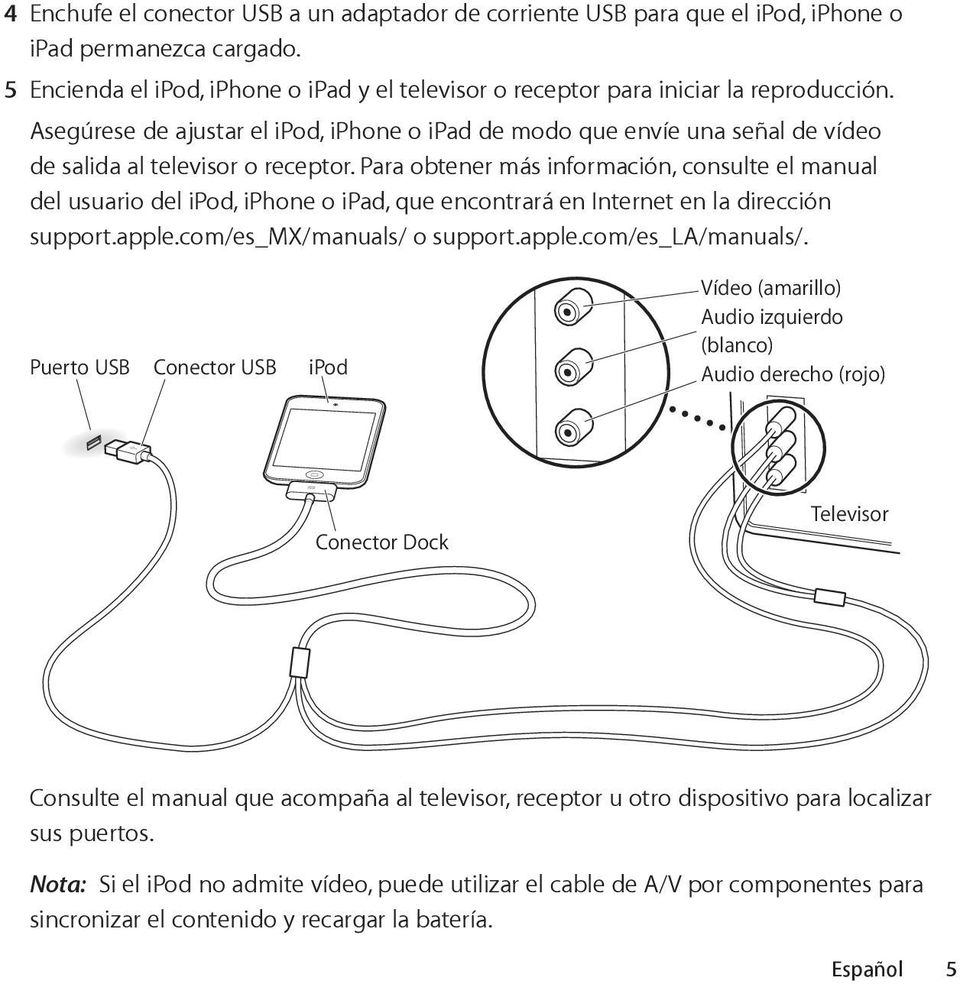 Para obtener más información, consulte el manual del usuario del ipod, iphone o ipad, que encontrará en Internet en la dirección support.apple.com/es_mx/manuals/ o support.apple.com/es_la/manuals/.