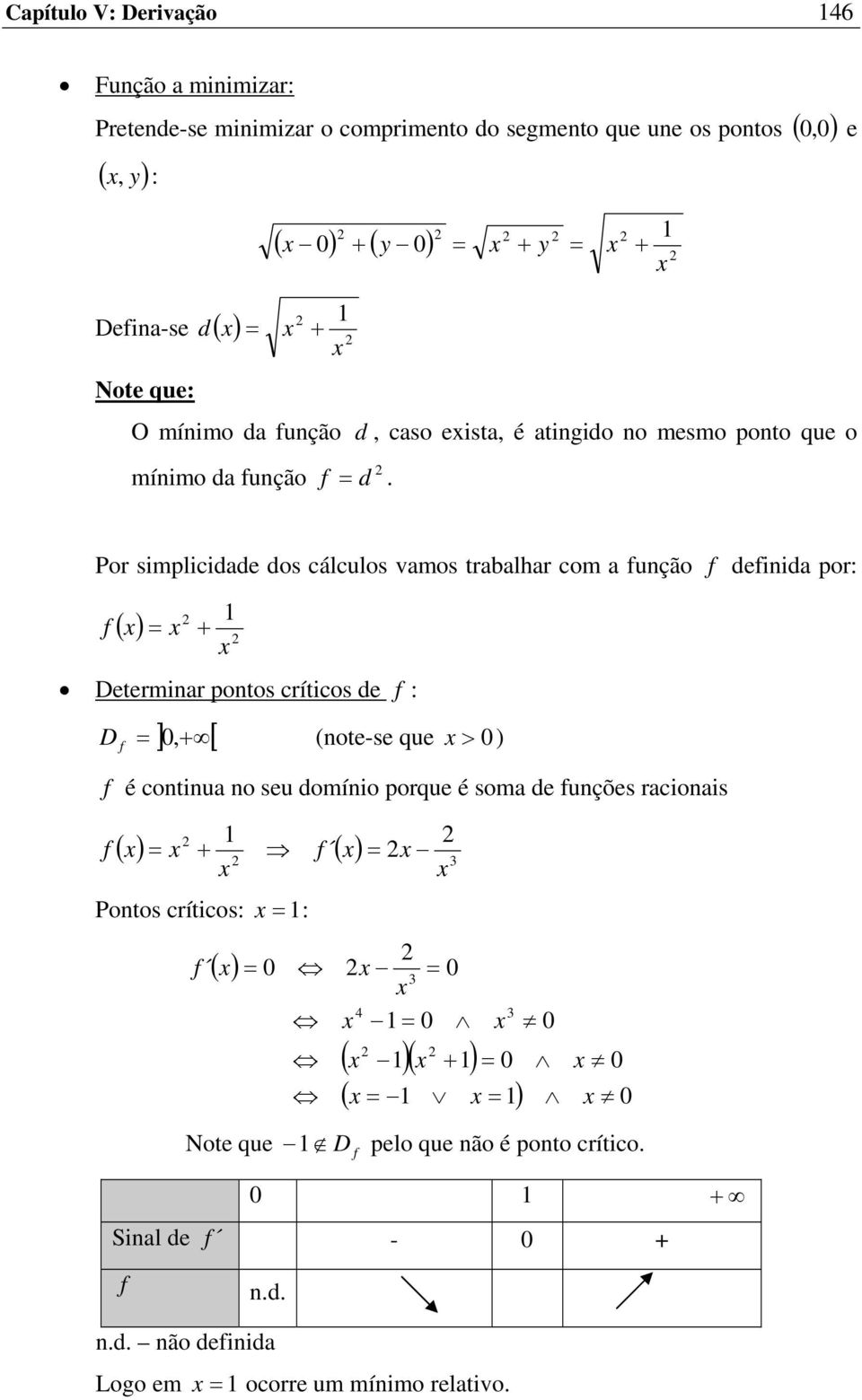 Por simplicidade dos cálculos vamos trabalhar com a unção deinida por: ( ) = + Determinar pontos críticos de : ] 0 [ D =,+ (note-se que > 0) é continua no seu domínio