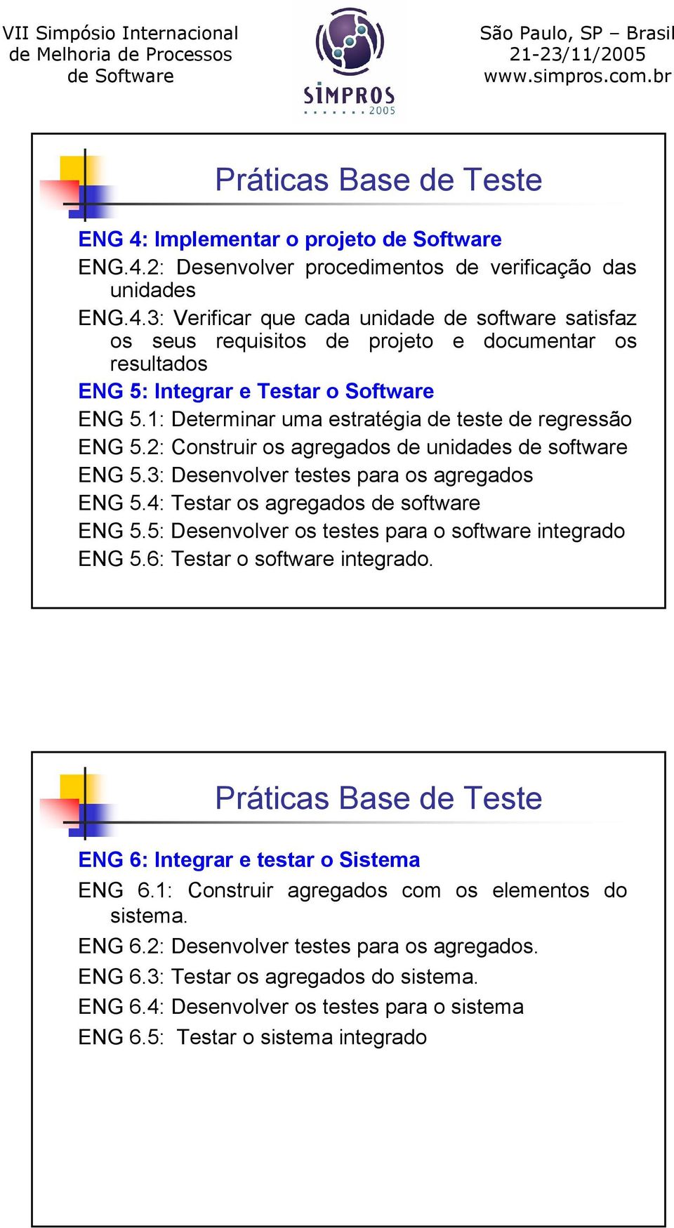 5: Desenvolver os testes para o software integrado ENG 5.6: Testar o software integrado. Práticas Base de Teste ENG 6: Integrar e testar o Sistema ENG 6.