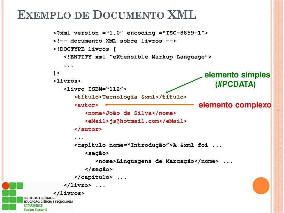 ENTITY xml extensible Markup Language > ]> elemento simples <livros> (#PCDATA) <livro ISBN= 112 > <título>tecnologia