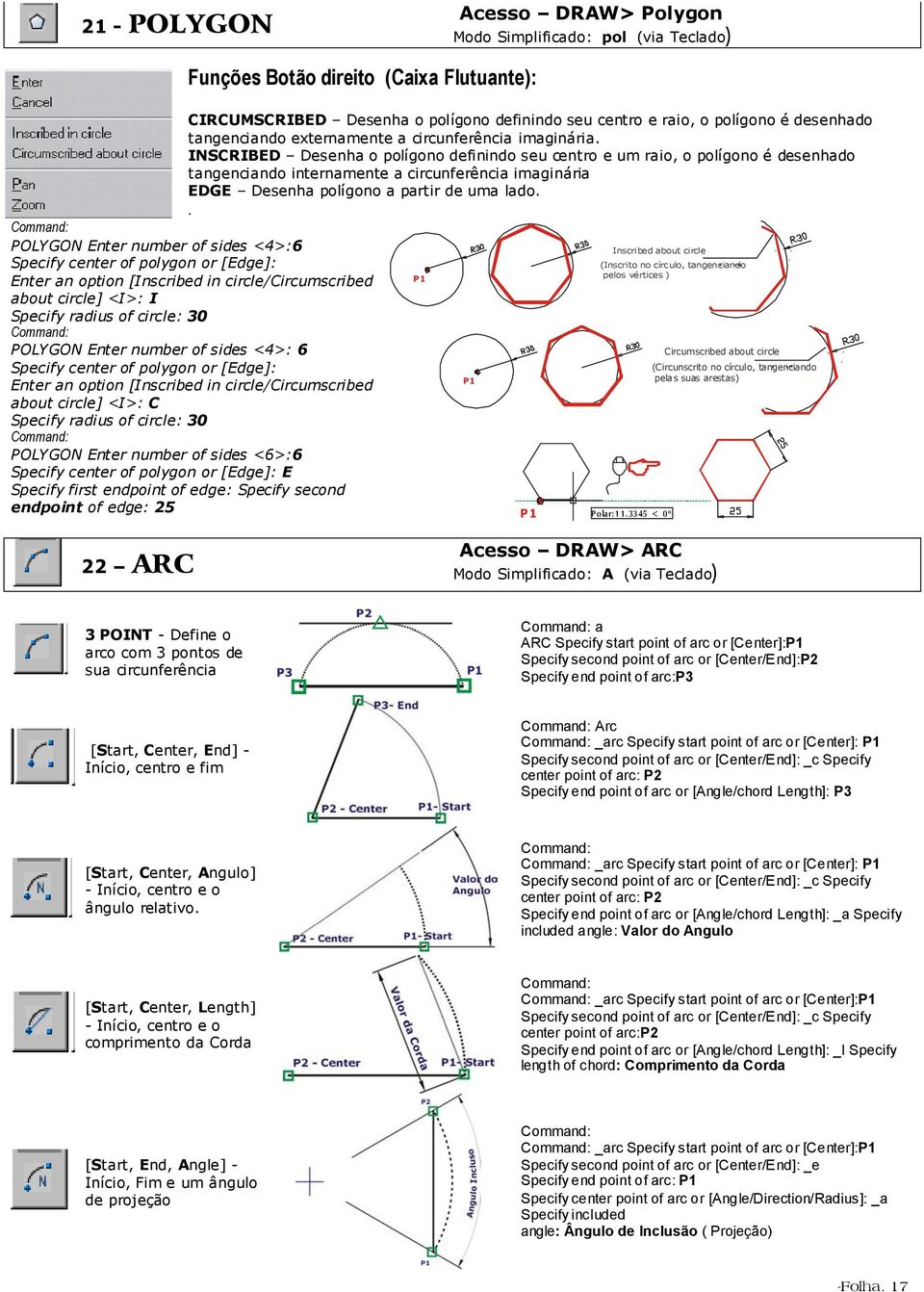 INSCRIBED Desenha o polígono definindo seu centro e um raio, o polígono é desenhado tangenciando internamente a circunferência imaginária EDGE Desenha polígono a partir de uma lado.