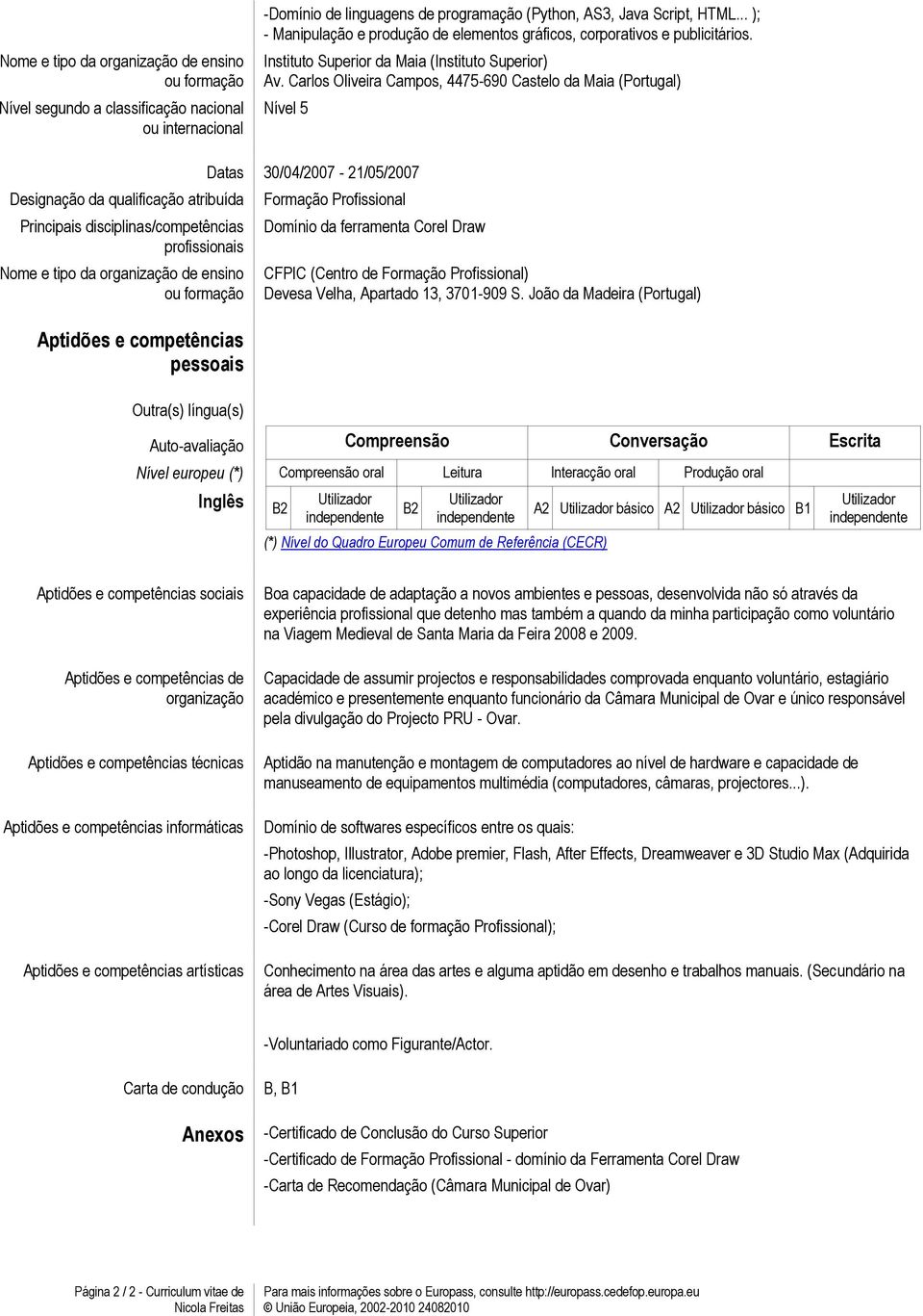 Carlos Oliveira Campos, 4475-690 Castelo da Maia (Portugal) Nível 5 Designação da qualificação atribuída Principais disciplinas/competências profissionais Nome e tipo da organização de ensino ou