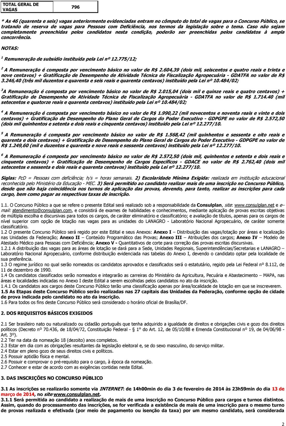 NOTAS: 1 Remuneração de subsídio instituída pela Lei nº 12.775/12; 2 A Remuneração é composta por vencimento básico no valor de R$ 2.