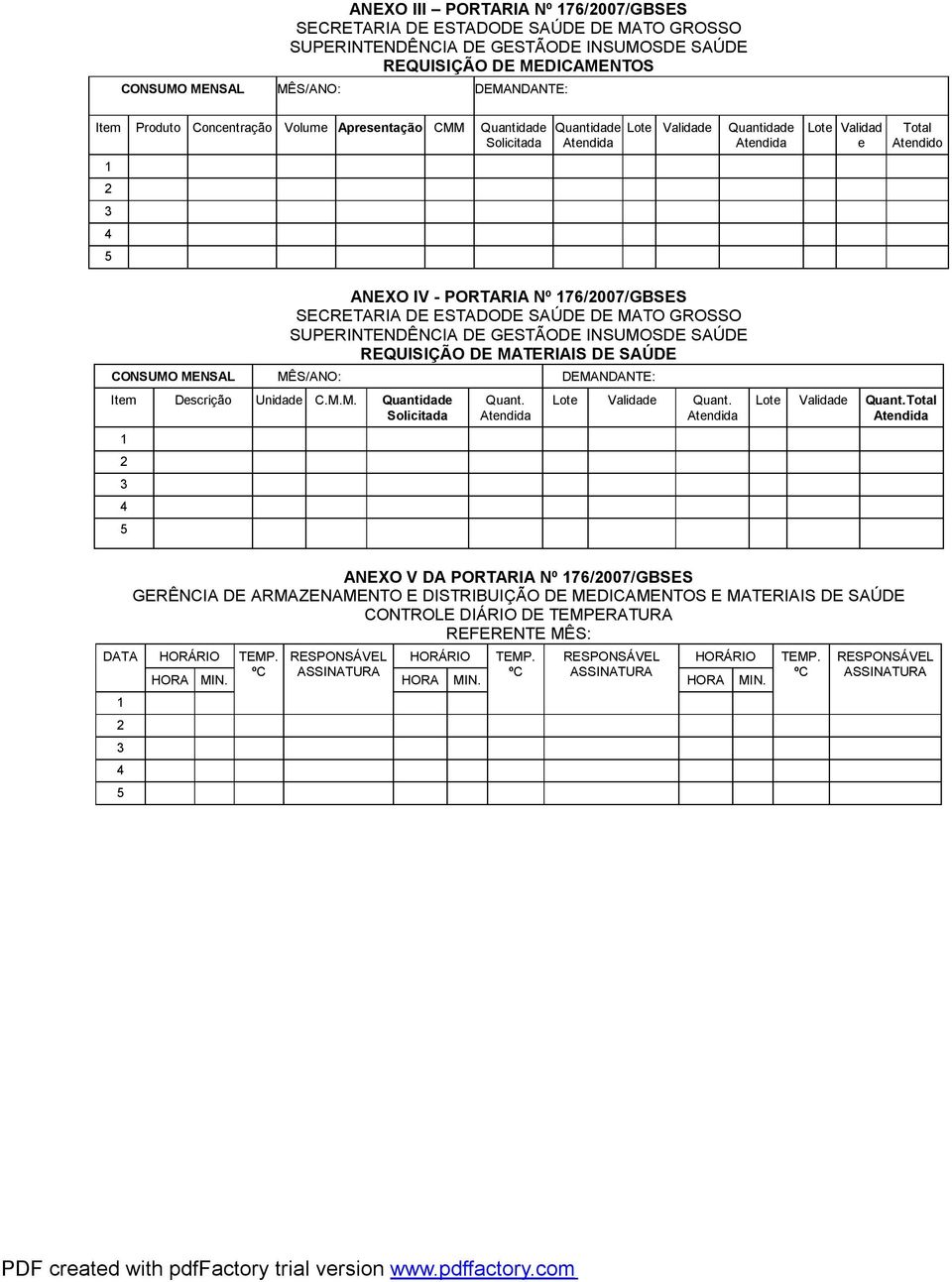 GROSSO SUPERINTENDÊNCIA DE GESTÃODE INSUMOSDE SAÚDE REQUISIÇÃO DE MATERIAIS DE SAÚDE CONSUMO MENSAL MÊS/ANO: DEMANDANTE: Item Descrição Unidade C.M.M. Quantidade Solicitada Quant. Lote Validade Quant.