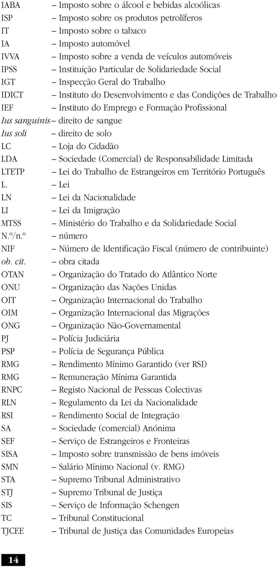 sanguinis direito de sangue Ius soli direito de solo LC Loja do Cidadão LDA Sociedade (Comercial) de Responsabilidade Limitada LTETP Lei do Trabalho de Estrangeiros em Território Português L.