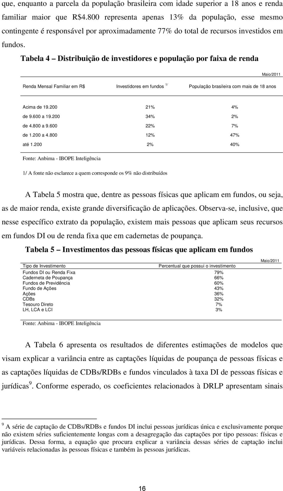 Tabela 4 Distribuição de investidores e população por faixa de renda Maio/2011 Renda Mensal Familiar em R$ Investidores em fundos 1/ População brasileira com mais de 18 anos Acima de 19.