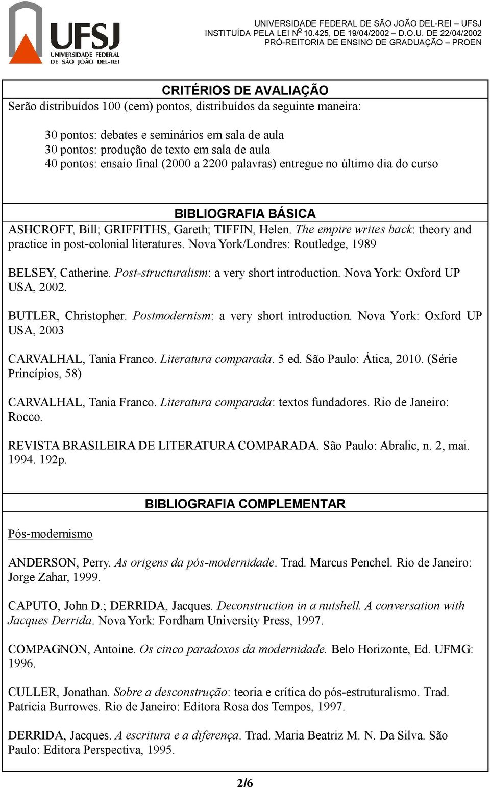 The empire writes back: theory and practice in post-colonial literatures. Nova York/Londres: Routledge, 1989 BELSEY, Catherine. Post-structuralism: a very short introduction.