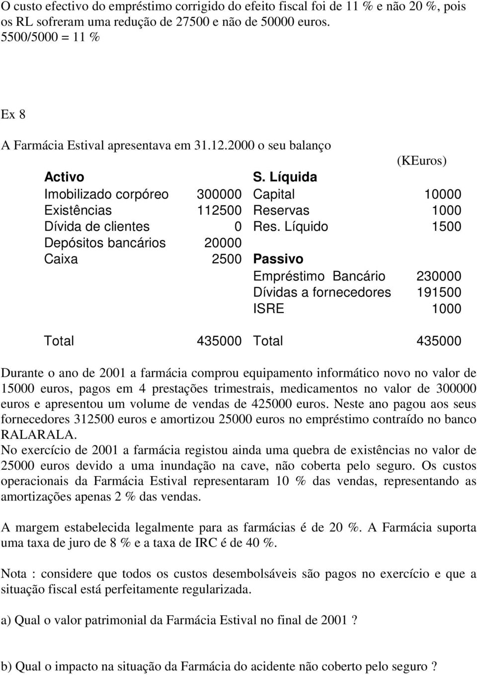 Líquida Imobilizado corpóreo 300000 Capital 10000 Existências 112500 Reservas 1000 Dívida de clientes 0 Res.