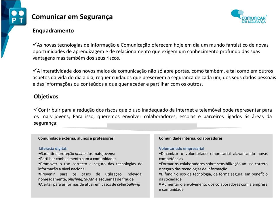 A interatividade dos novos meios de comunicação não só abre portas, como também, e tal como em outros aspetos da vida do dia a dia, requer cuidados que preservem a segurança de cada um, dos seus