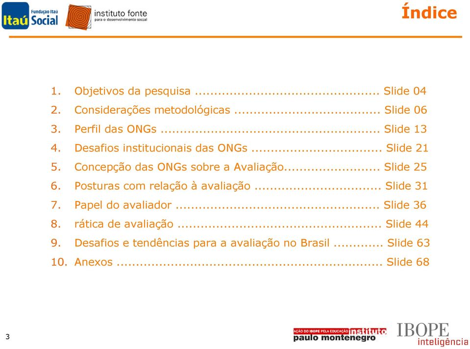 .. Slide 25 6. Posturas com relação à avaliação... Slide 31 7. Papel do avaliador... Slide 36 8.