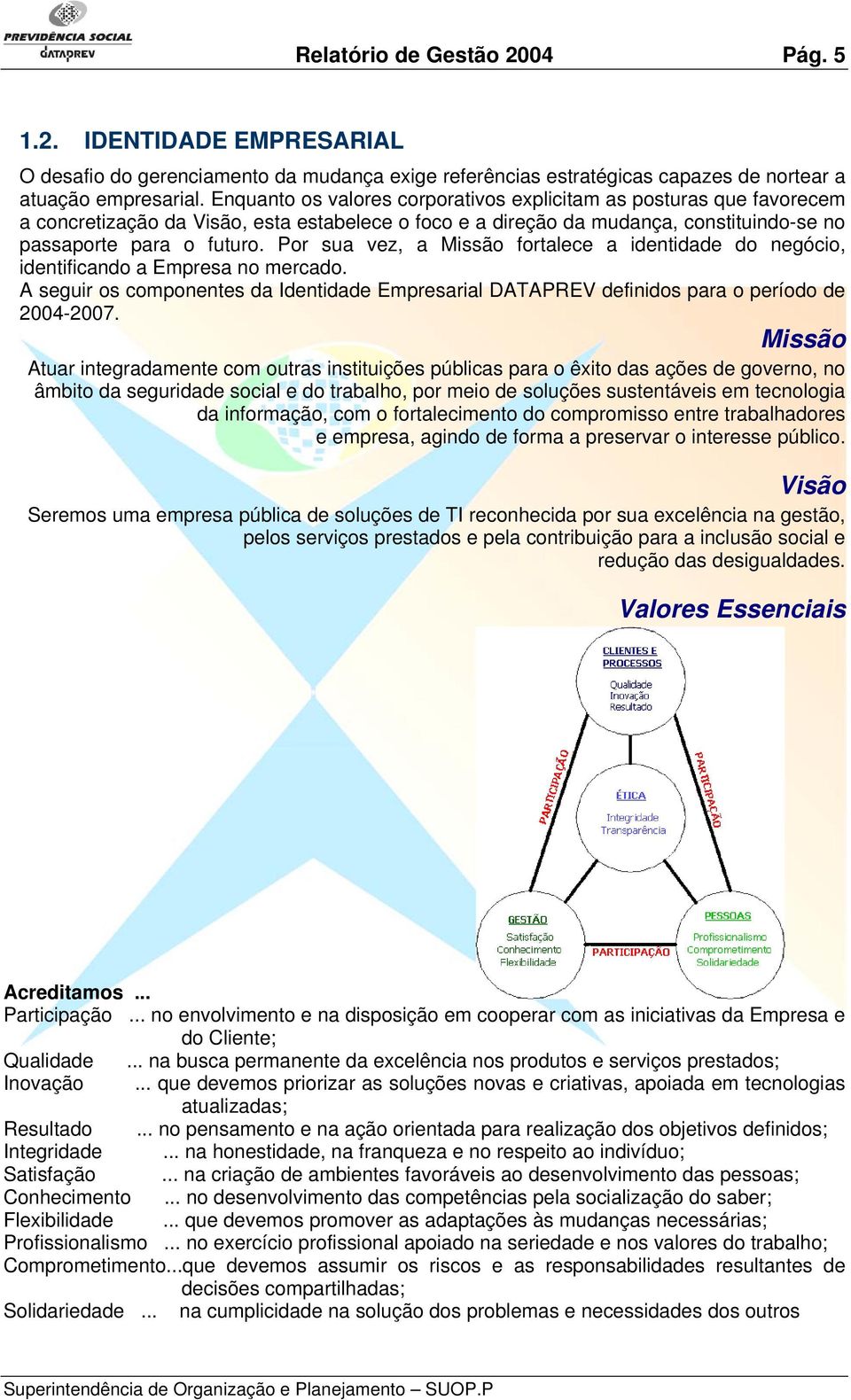 Por sua vez, a Missão fortalece a identidade do negócio, identificando a Empresa no mercado. A seguir os componentes da Identidade Empresarial DATAPREV definidos para o período de 2004-2007.