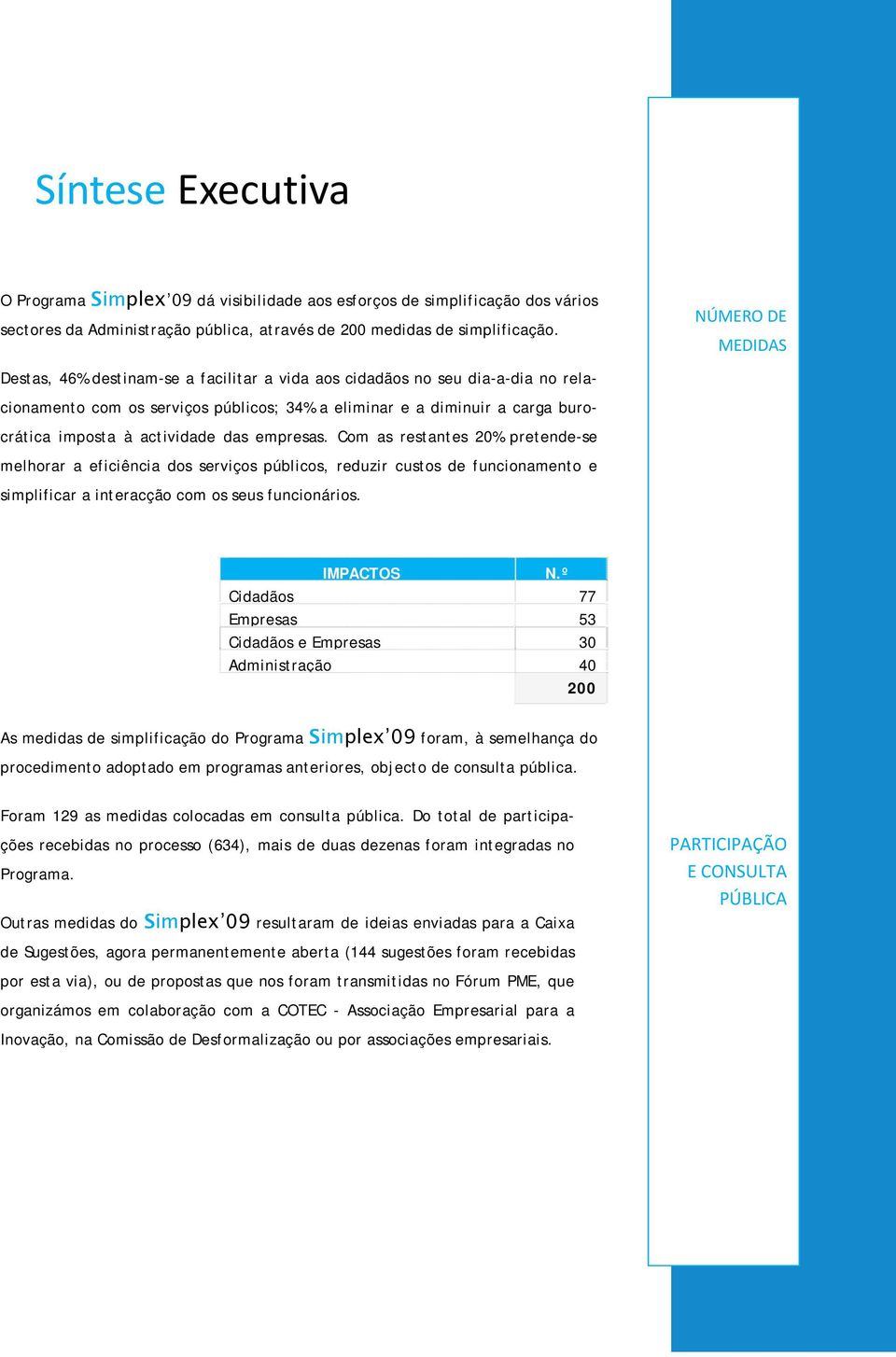 actividade das empresas. Com as restantes 20% pretende-se melhorar a eficiência dos serviços públicos, reduzir custos de funcionamento e simplificar a interacção com os seus funcionários. IMPACTOS N.