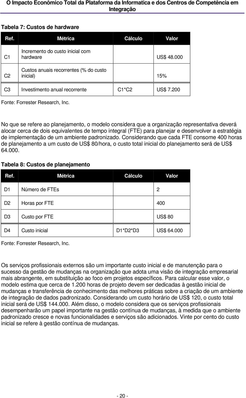 200 No que se refere ao planejamento, o modelo considera que a organização representativa deverá alocar cerca de dois equivalentes de tempo integral (FTE) para planejar e desenvolver a estratégia de