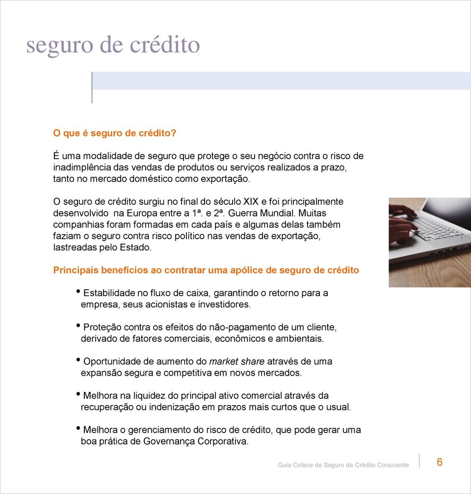 O seguro de crédito surgiu no final do século XIX e foi principalmente desenvolvido na Europa entre a 1ª. e 2ª. Guerra Mundial.