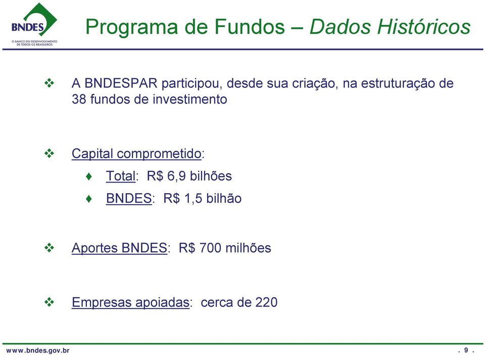 comprometido: Total: R$ 6,9 bilhões BNDES: R$ 1,5 bilhão Aportes