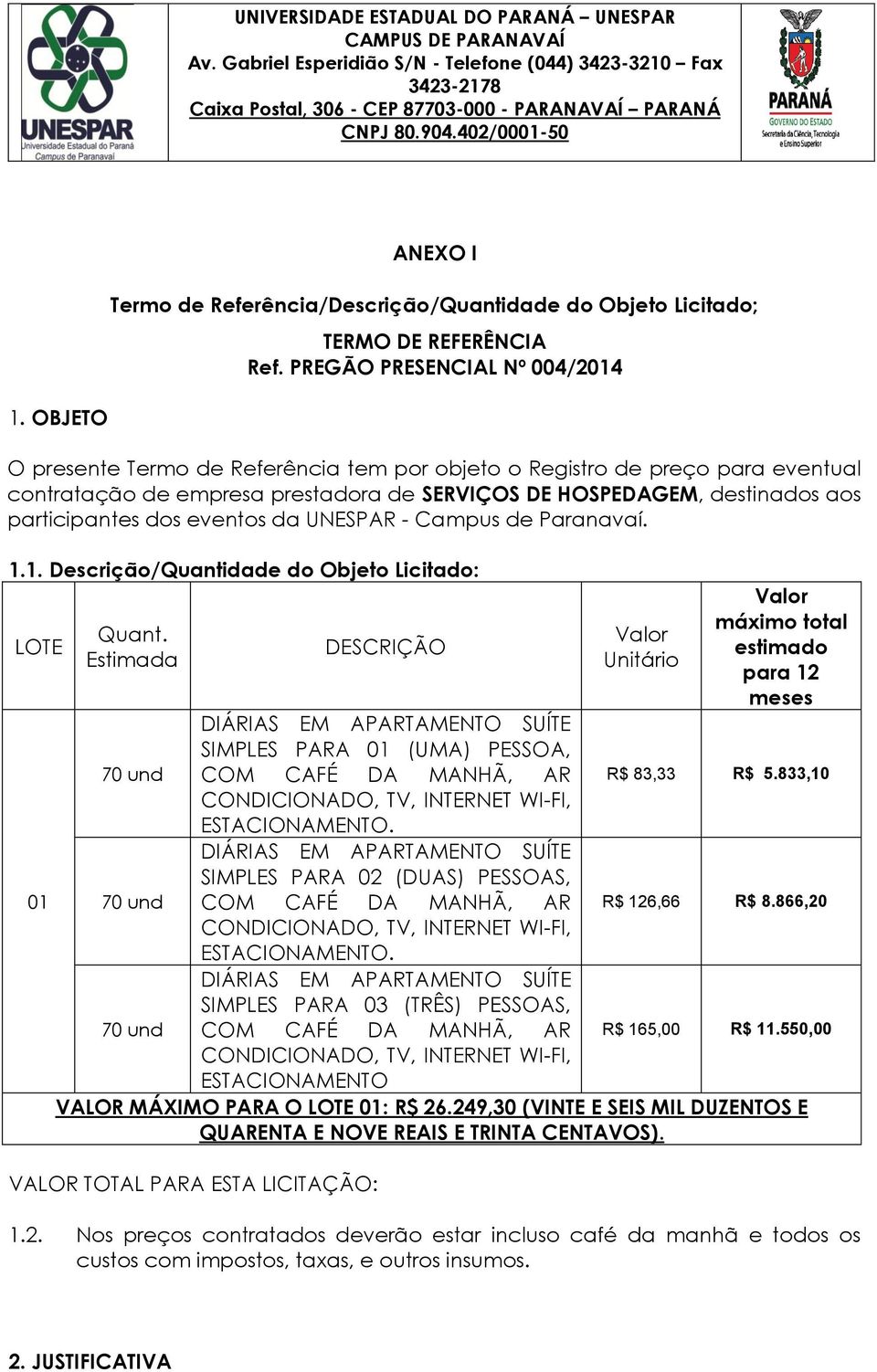 - Campus de Paranavaí. 1.1. Descrição/Quantidade do Objeto Licitado: LOTE 01 Quant.