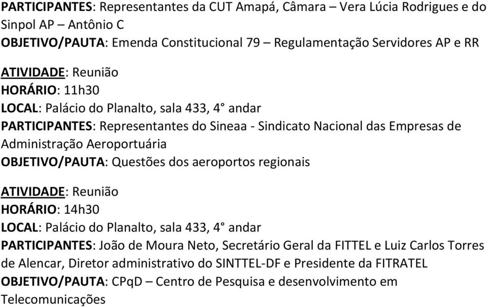 Aeroportuária OBJETIVO/PAUTA: Questões dos aeroportos regionais HORÁRIO: 14h30 PARTICIPANTES: João de Moura Neto, Secretário Geral da FITTEL e Luiz