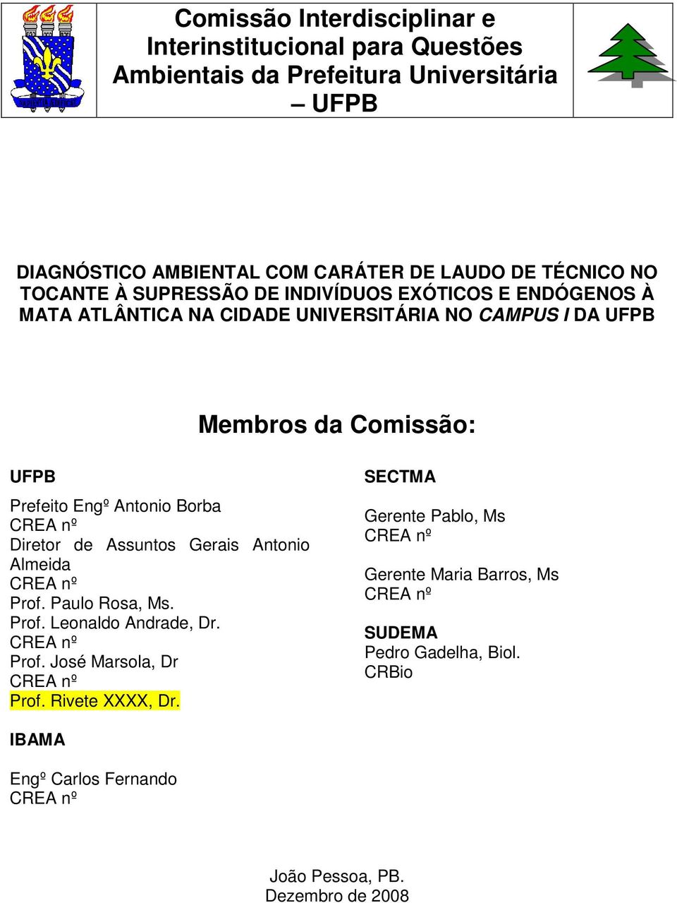 Prefeito Engº Antonio Borba Diretor de Assuntos Gerais Antonio Almeida Prof. Paulo Rosa, Ms. Prof. Leonaldo Andrade, Dr. Prof. José Marsola, Dr Prof.