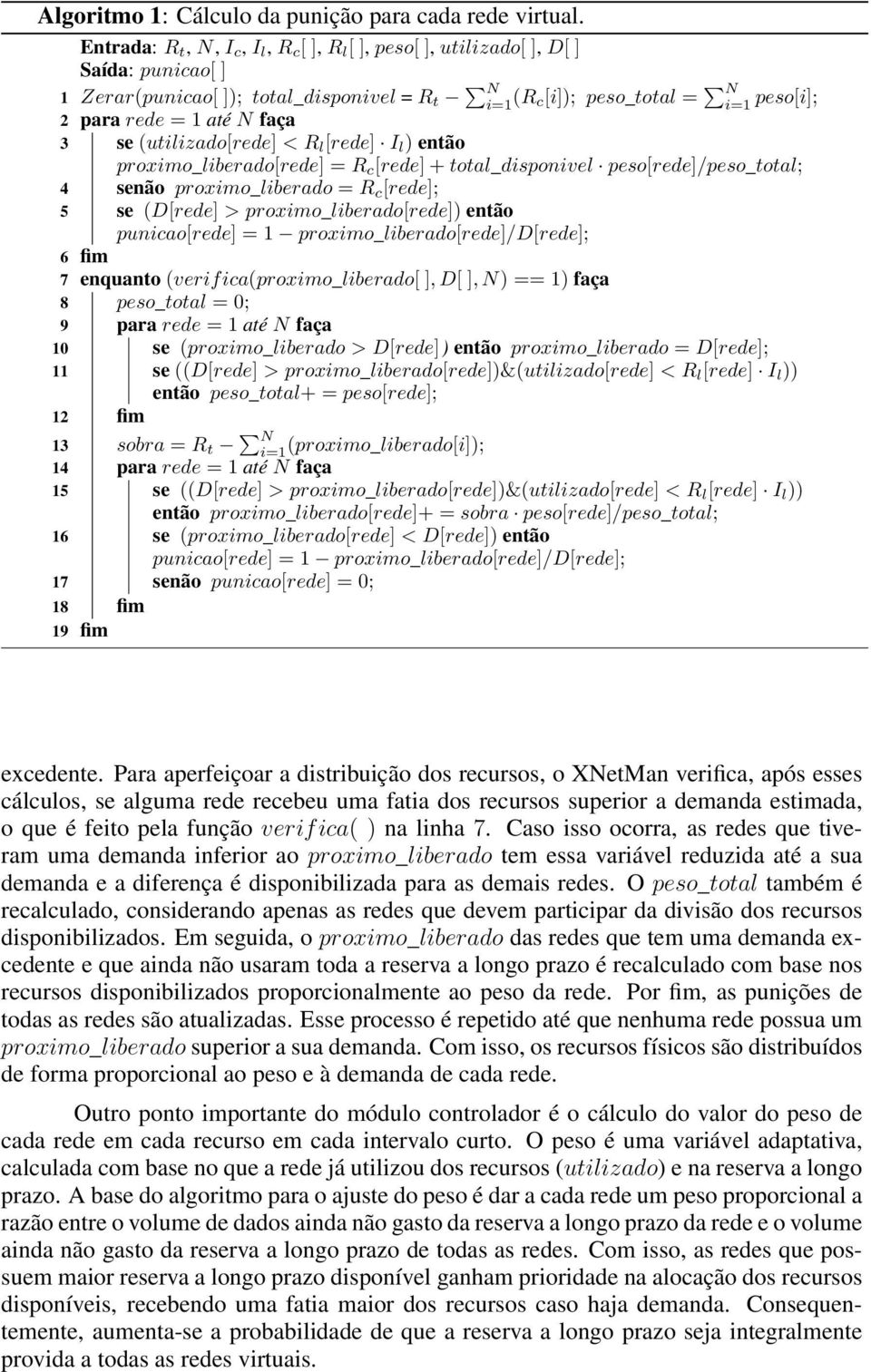 N faça 3 se (utilizado[rede] < R l [rede] I l ) então proximo_liberado[rede] = R c [rede] + total_disponivel peso[rede]/peso_total; 4 senão proximo_liberado = R c [rede]; 5 se (D[rede] >