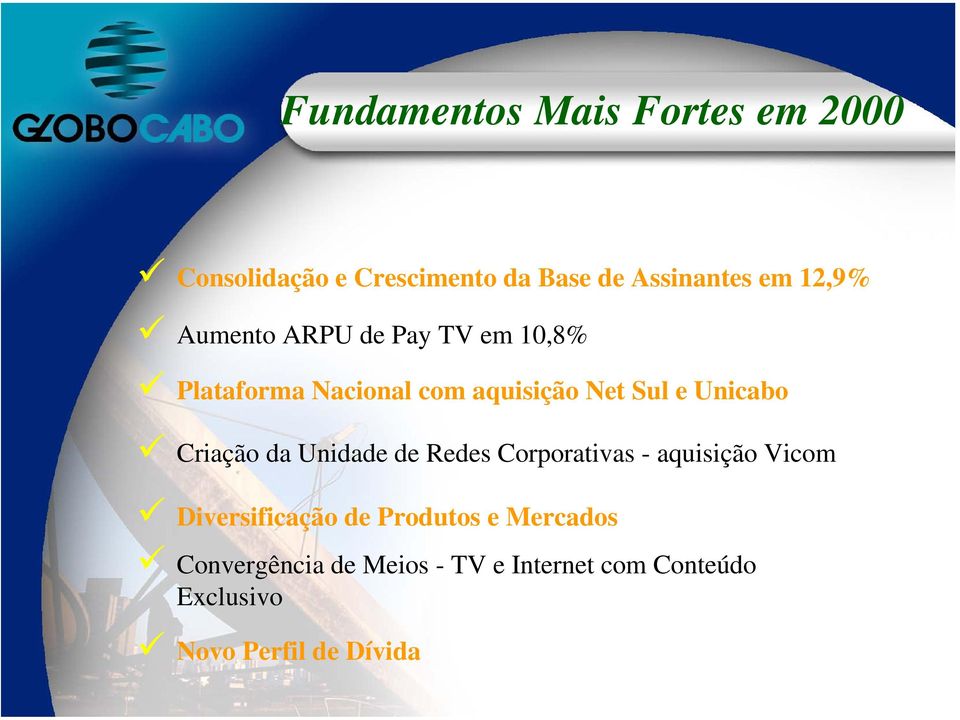 Unicabo Criação da Unidade de Redes Corporativas - aquisição Vicom Diversificação de