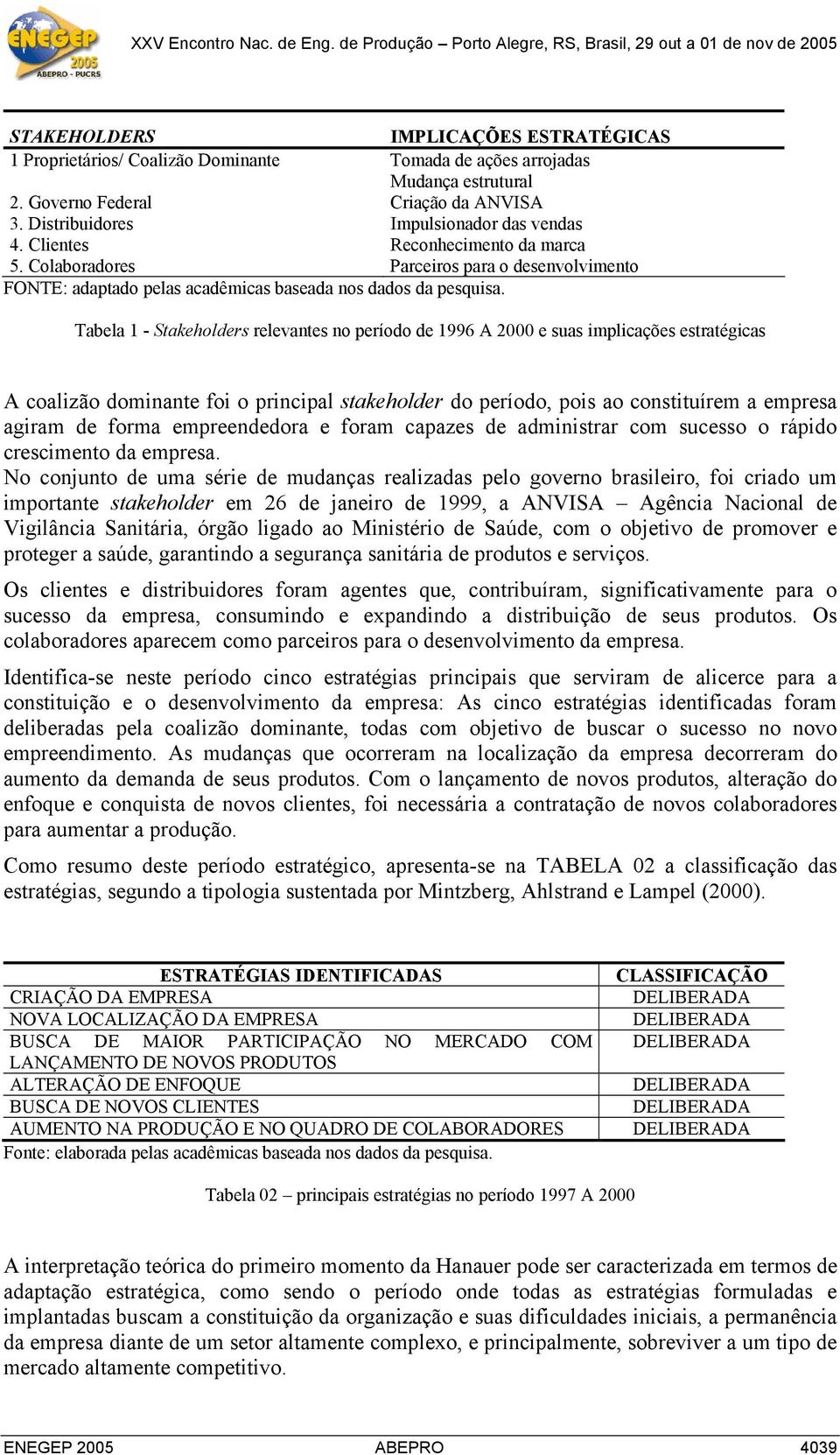 Tabela 1 - Stakeholders relevantes no período de 1996 A 2000 e suas implicações estratégicas A coalizão dominante foi o principal stakeholder do período, pois ao constituírem a empresa agiram de